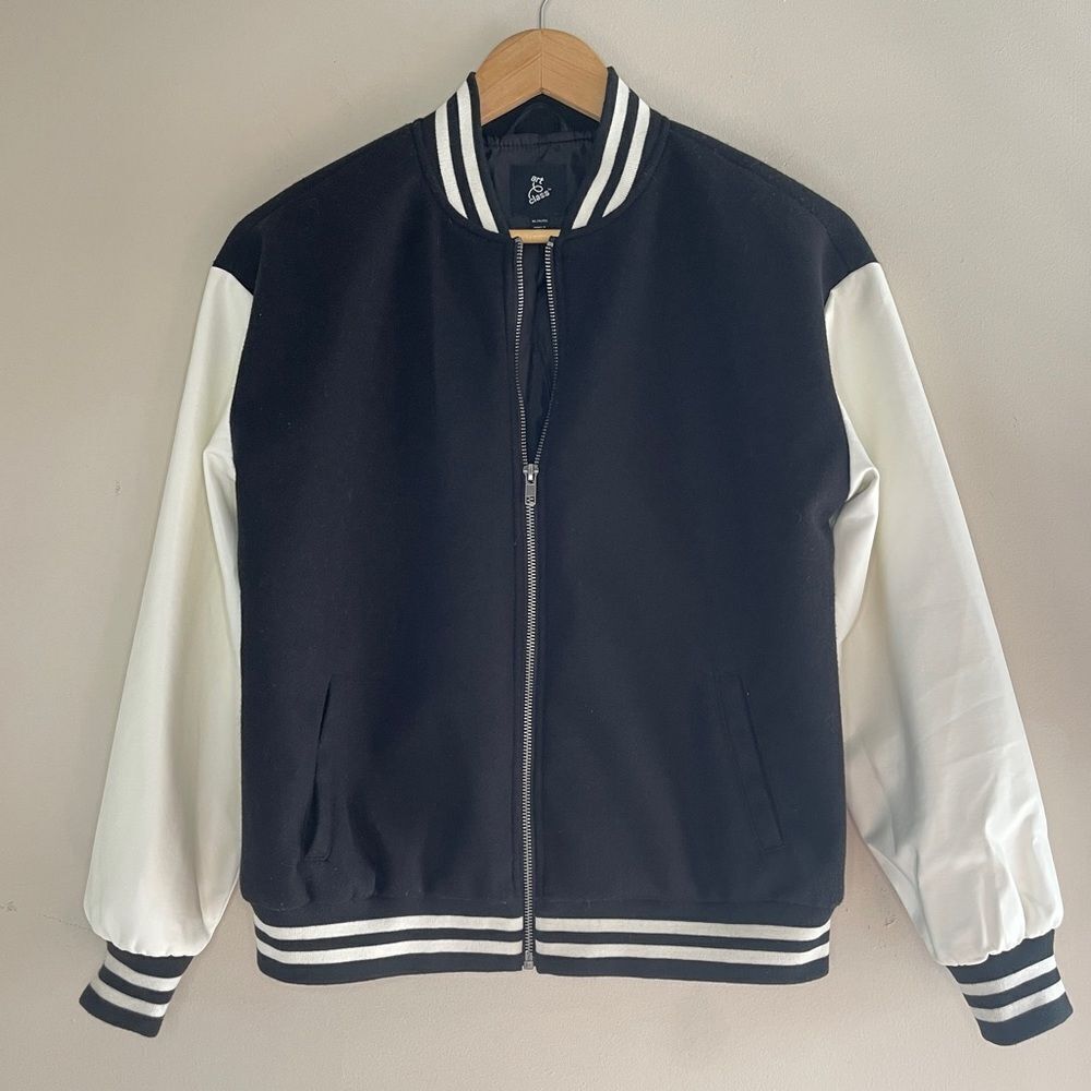 GIRLS ART CLASS Black Bomber Jacket White‎ Faux Leather Sleeves, XL